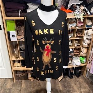 Ultra Flirt Black Knit Top with Make it Rein Reindeer ugly sweater money